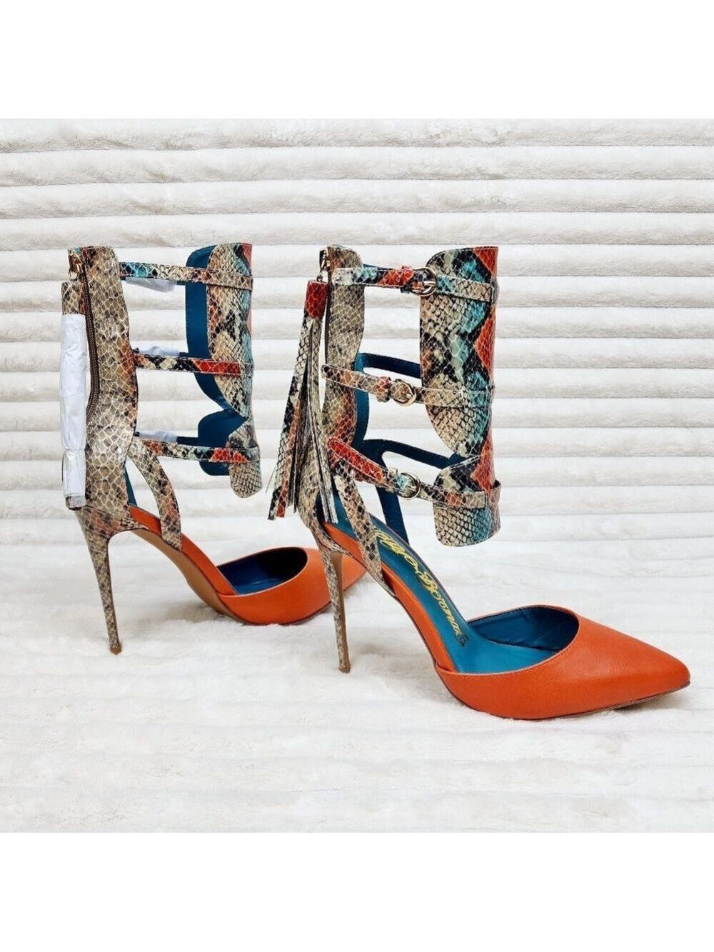 Unique Colorful Shoes Copper Snake Print Nelly Bernal Stiletto High Heels Tassle - Picture 2 of 8